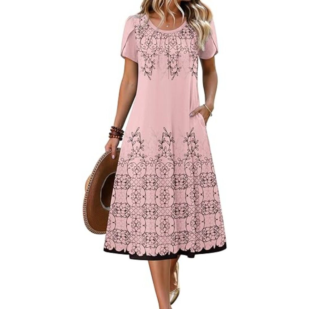 Women Pink Floral Blend Crew-Neck A-Line Short Sleeve Flowy Dress Boho Sundress